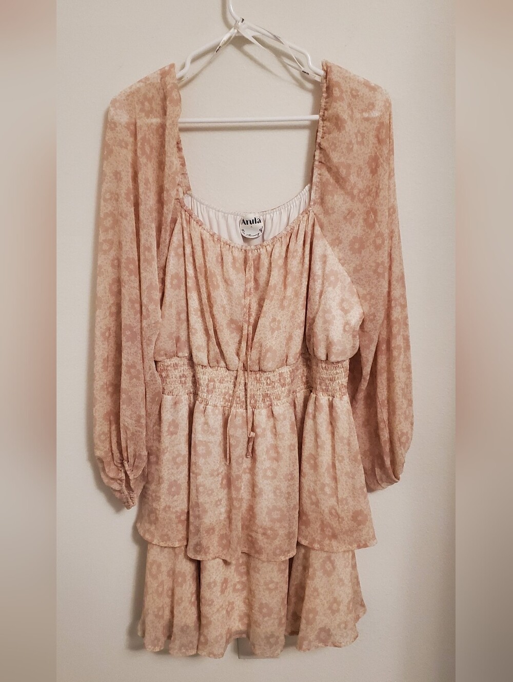 ARULA Blush Floral Tiered Mini Dress Size 1X Boho Peasant Flirty